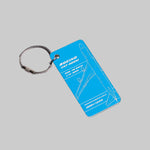 Keychain with blue rectangular tag featuring Boeing 747-800 design on a white background